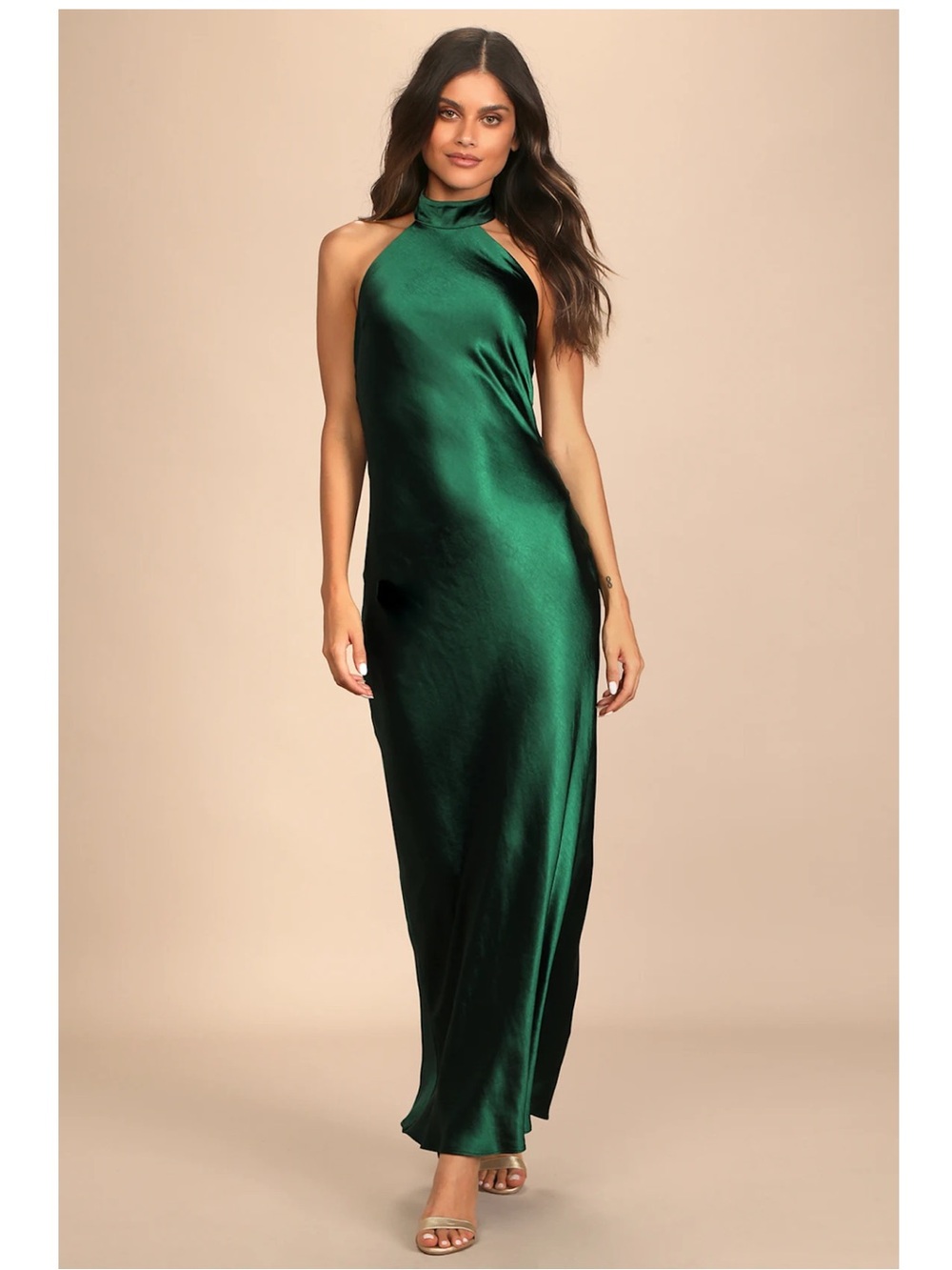 Lulus Love in Your Life Emerald Green Satin Halter Sleeveless Maxi Dress Small - Picture 3 of 12